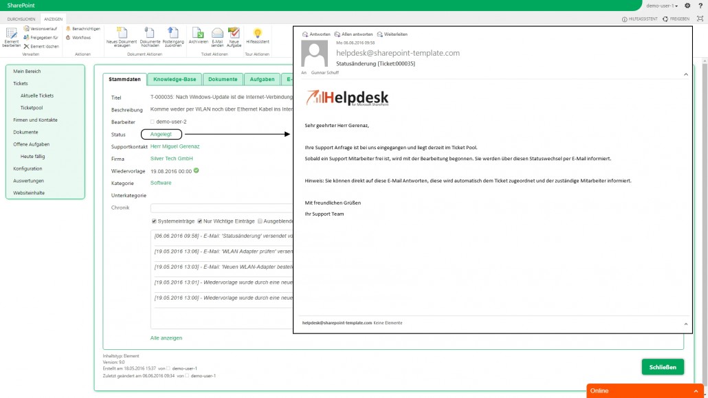 SharePoint Helpdesk Ticketsystem Automatisierte E-Mail Kommunikation